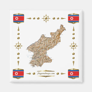North Korea Map + Flags Magnet