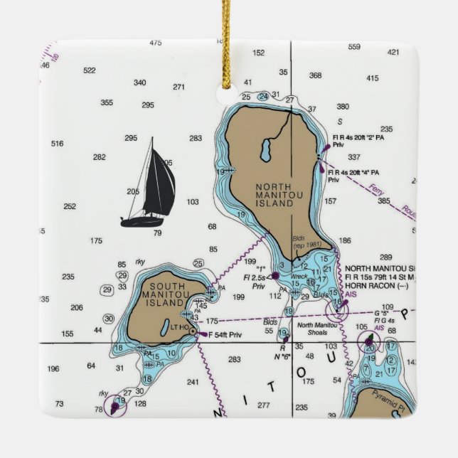 North Manitou Island WI Nautical Chart Ceramic Ornament (Back)