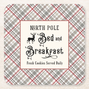 North Pole Bed and Breakfast Farmhouse Christmas Square Paper Coaster