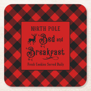North Pole Bed and Breakfast Farmhouse Christmas Square Paper Coaster