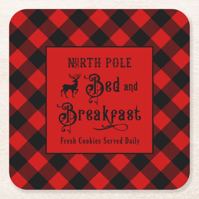 North Pole Bed and Breakfast Farmhouse Christmas Square Paper Coaster (Front)