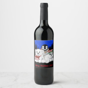 North Pole Christmas polar bear, Penguin, seal pup Wine Label