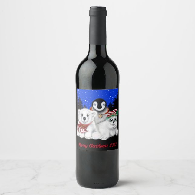 North Pole Christmas polar bear, Penguin, seal pup Wine Label (Front)
