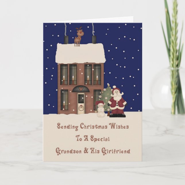North Pole Christmas Wishes Grandson & Girlfriend Holiday Card (Front)