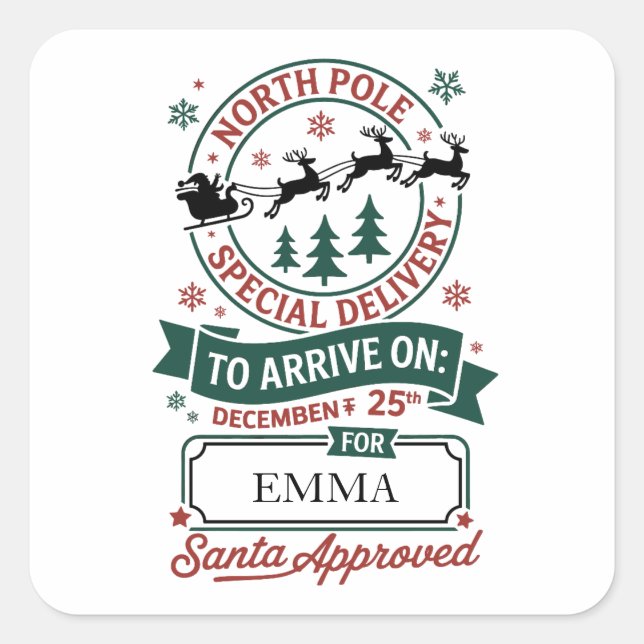 North Pole Delivery Custom Santa Sleigh Christmas Square Sticker (Front)