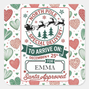 North Pole Delivery Santa Sleigh Christmas Hearts Square Sticker