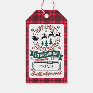North Pole Delivery Santa Sleigh Red Plaid Gift Tags