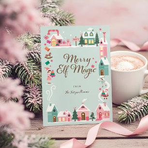 North Pole Elf Workshop Santa Claus Pink Village Holiday Card