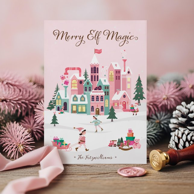 North Pole Elf Workshop Santa Claus Pink Village Holiday Card (North Pole Elf Workshop Santa Claus Pink Village Holiday Card)