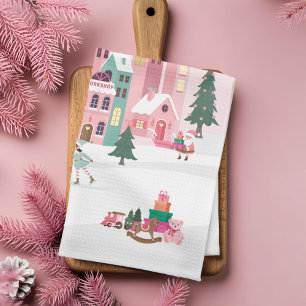 North Pole Elf Workshop Santa Claus Pink Village Tea Towel