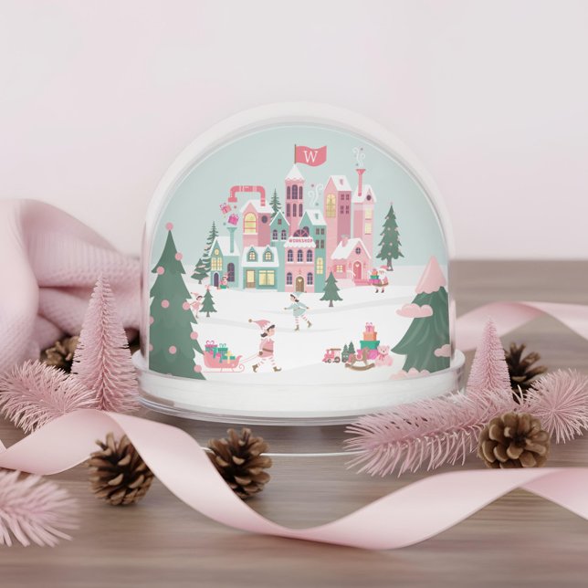 North Pole Elf Workshop Santa Pink Village Photo Snowglobe (North Pole Elf Workshop Santa Pink Village Photo Snow Globes (Front))