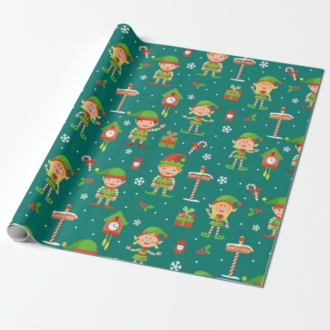 North Pole Elves Christmas Pattern Wrapping Paper (Unrolled)