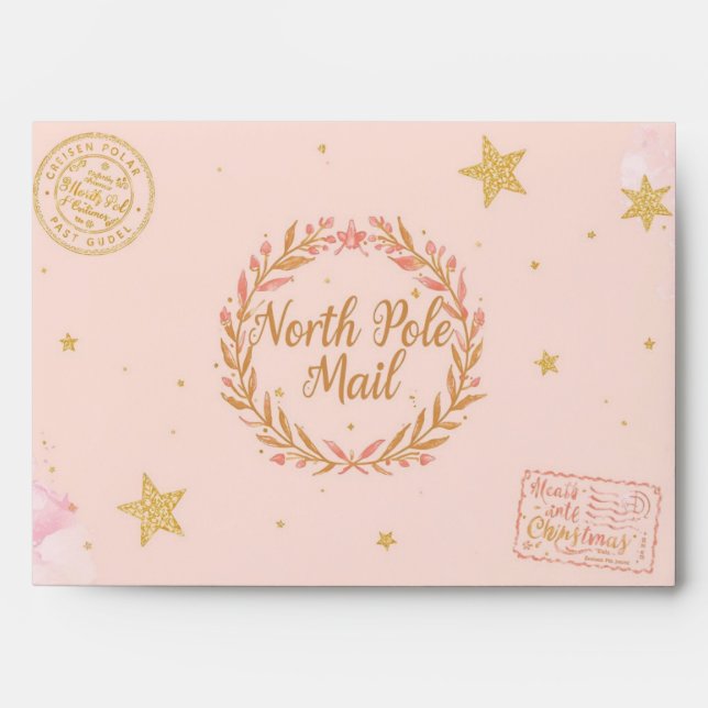 North Pole Envelope | Pastel Pink & Gold Stars (Front)