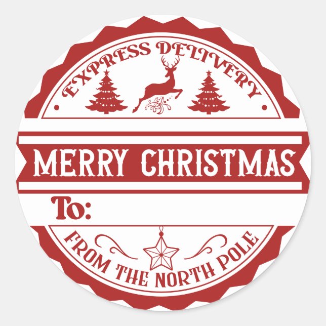North Pole Express Delivery Mail Red Modern Classic Round Sticker (Front)