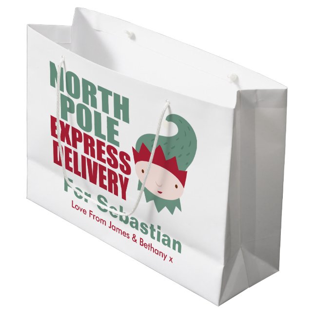 North Pole Express Delivery Personalised Elf Large Gift Bag (Front Angled)