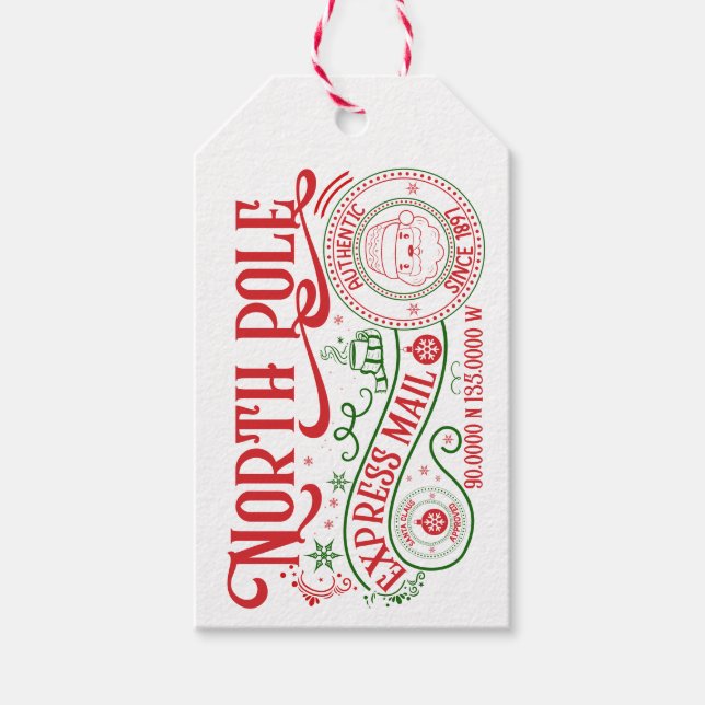 North Pole Express Mail Delivery Red Green Gift Tags (Front)