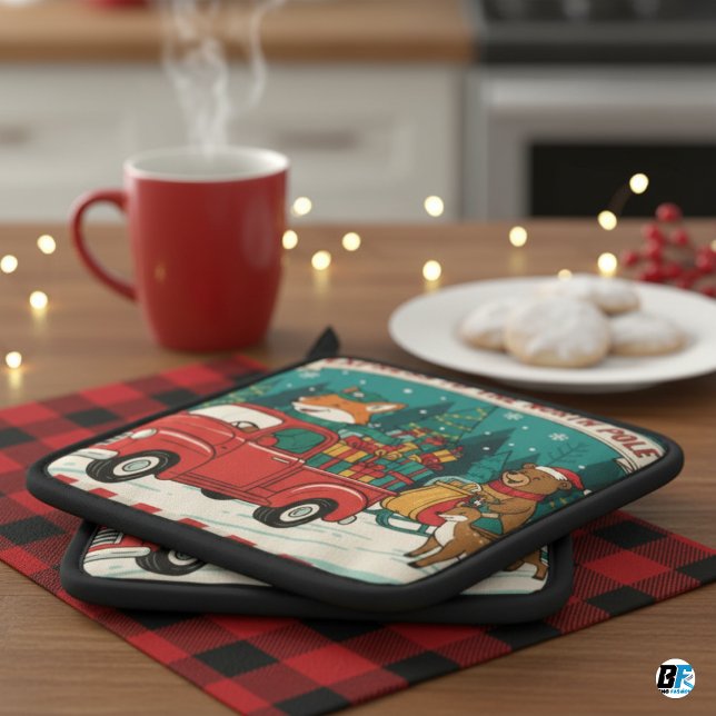 North Pole Express Retro Truck With Cute Animals  Oven Mitt & Pot Holder Set (Christmas)