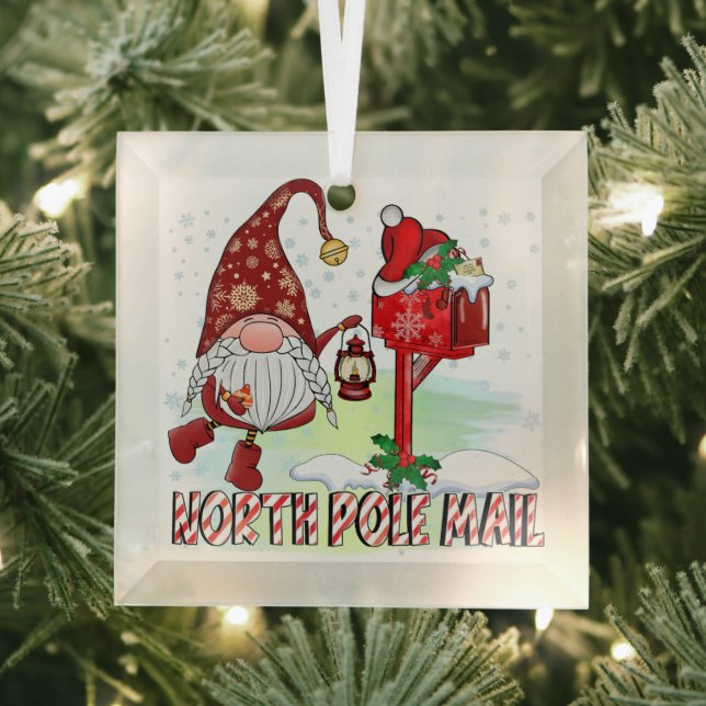 North Pole Mail Gnome Mailbox Lantern Glass Tree Decoration (Insitu)