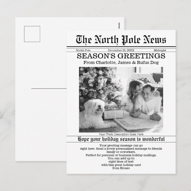 North Pole News Christmas Newspaper Personalised Holiday Postcard (Front/Back)