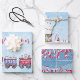 North Pole or Bust Christmas Locomotive Gnome Wrapping Paper Sheet