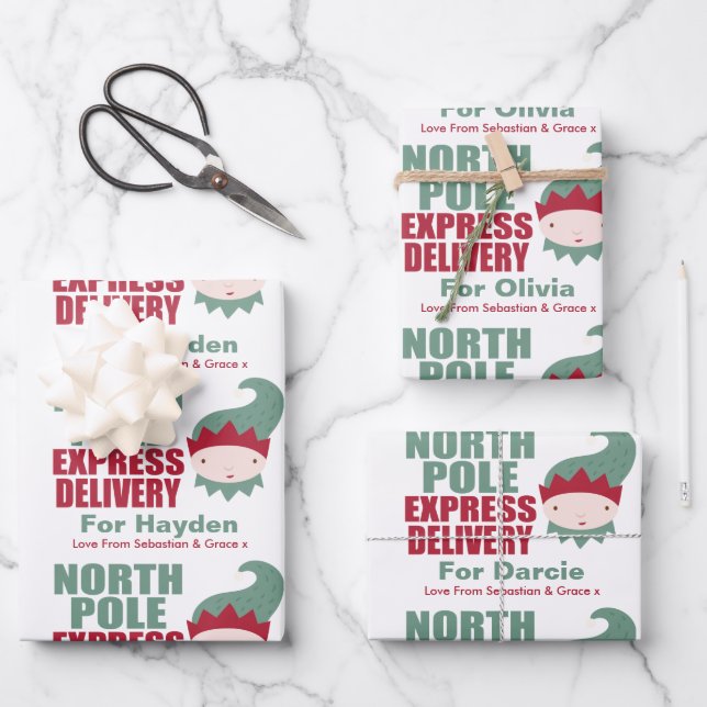 North Pole Personalised Christmas Express Delivery Wrapping Paper Sheet (Front)