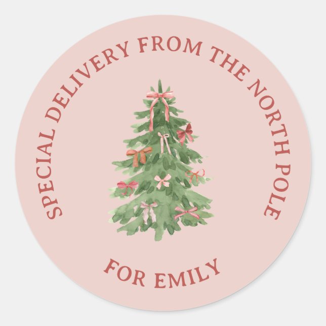 North Pole Pink Girly Christmas Tree Gift Stickers (Front)