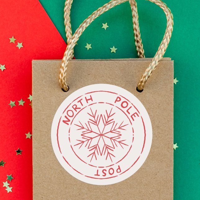 North Pole Post Stamp Snowflake Christmas  Classic Round Sticker (North Pole Post Stamp Christmas Classic Round Sticker)