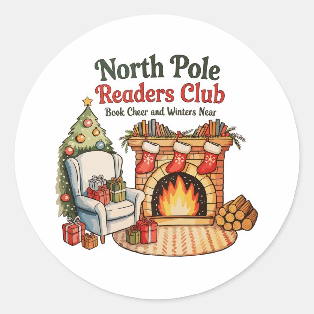North Pole Readers Club Christmas Books Xmas Lover Classic Round Sticker (Front)