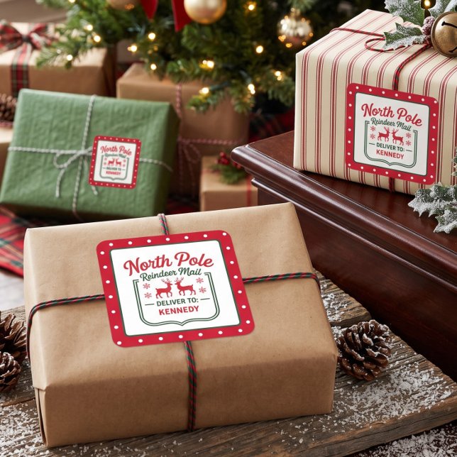 North Pole Reindeer express delivery dotted Square Sticker (Creator Uploaded)