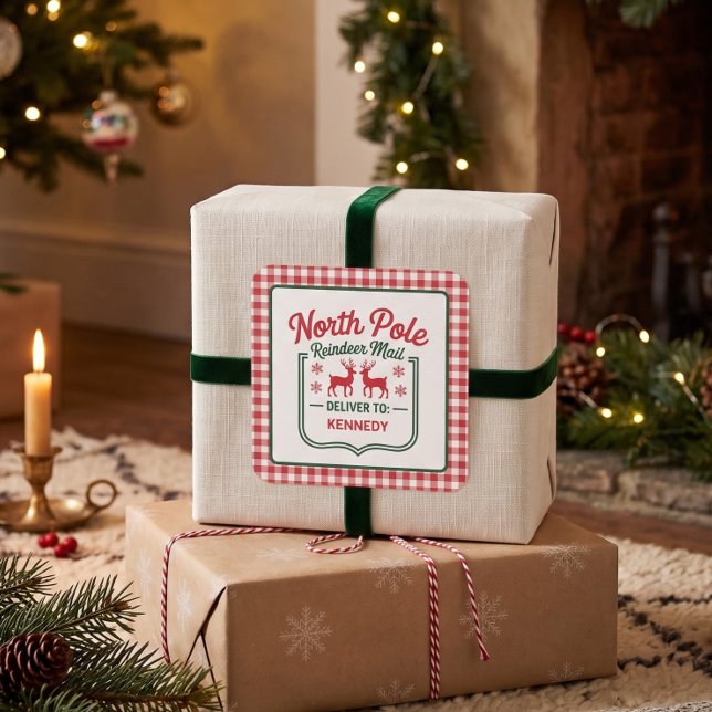 North Pole Reindeer express delivery plaid Square Sticker (Creator Uploaded)