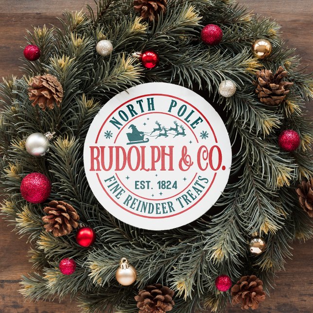 NORTH POLE RUDOLPH SANTA SLEIGH CHRISTMAS CLASSIC ROUND STICKER (VINTAGE INSPIRED NORT POLE RUDOLPH FINE REINDEER TREATS CHRISTMAS SANTA SLEIGH. Changeable colors)