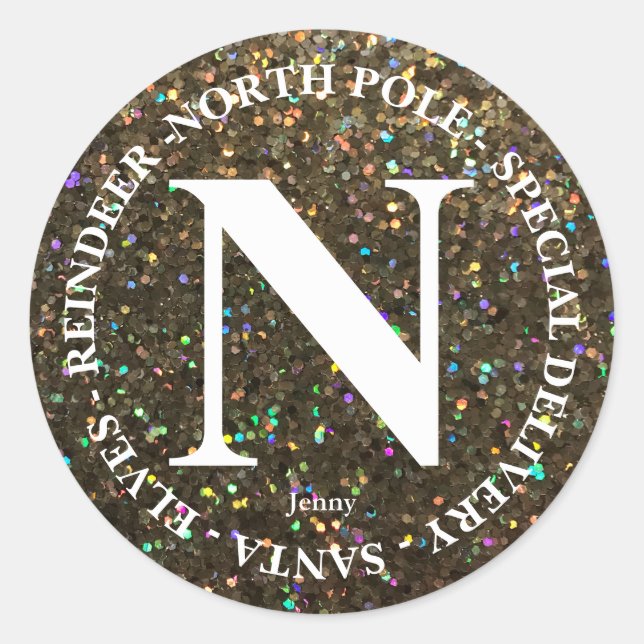North Pole Santa Delivery Name Gold Glitter 2 Classic Round Sticker (Front)
