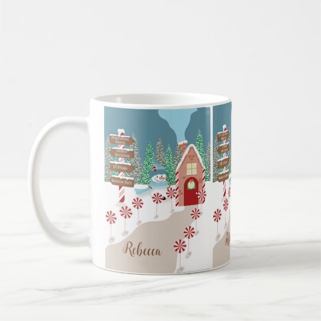 North Pole Scene Holiday Coffee Mug with Name (Left)