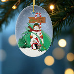 North Pole Snowman Dragon Penguin Christmas  Ceramic Tree Decoration<br><div class="desc">A cute penguin is giving a green dragon a Christmas present at the north pole. A snowman with a North Pole candy cane sign in a backdrop of falling sign</div>