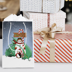 North Pole Snowman Dragon Penguin Christmas Medium Gift Bag