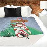 North Pole Snowman Dragon Penguin Christmas  Sherpa Blanket<br><div class="desc">A cute penguin giving a green dragon a Christmas present,  A snowman with a North Pole candy cane sign in a backdrop of falling snow.</div>