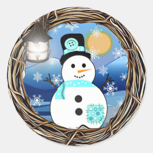 North Pole Snowman Full Moon Christmas Classic Round Sticker