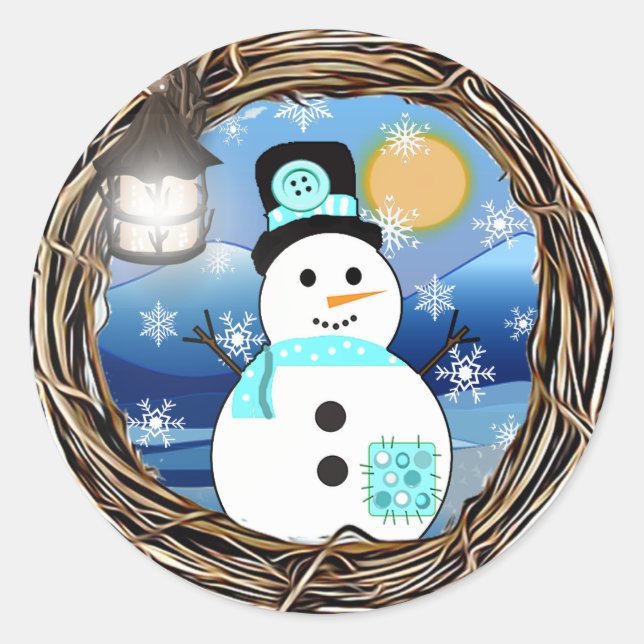 North Pole Snowman Full Moon Christmas Classic Round Sticker (Front)