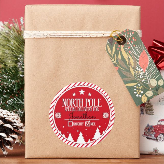 North Pole Special Delivery Christmas Large  Classic Round Sticker (Holiday)