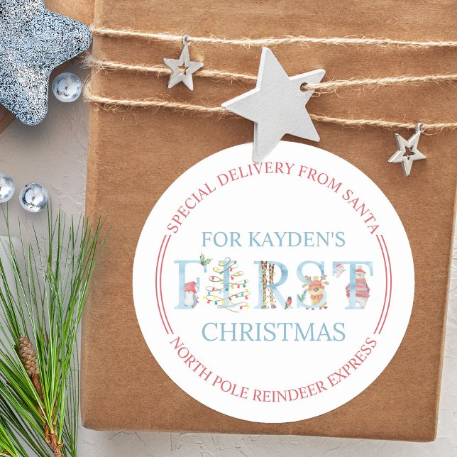 North Pole Special Delivery Cute First Christmas Classic Round Sticker (Baby Boy's first christmas special delivery from Santa on the North Pole Reindeer Express)