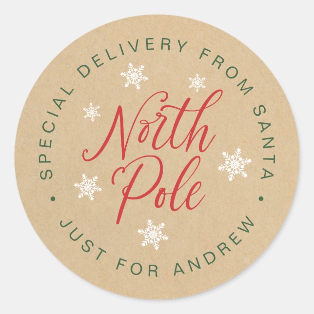North Pole Special Delivery Kraft Brown Custom Classic Round Sticker (Front)