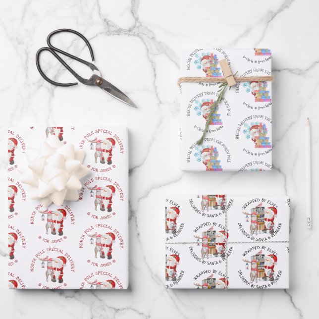 North Pole Special Delivery Santa Stamps Set of 3 Wrapping Paper Sheet (Front)