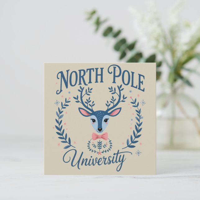North Pole University Xmas Chinoiserie Reindeer  Holiday Card (Standing Front)