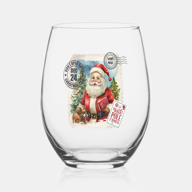 North Pole Vintage Santa Stemless Wine Glass (Front)