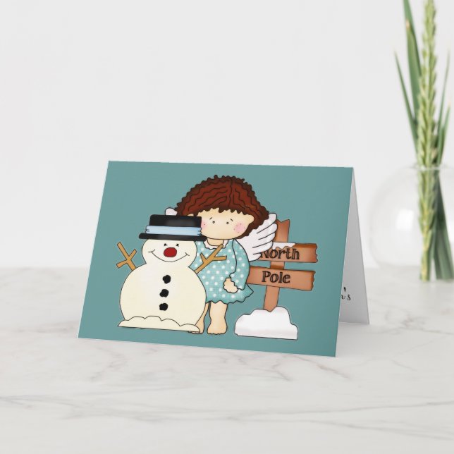 North Pole Winter Angel & Snowman Christmas Card (Front)