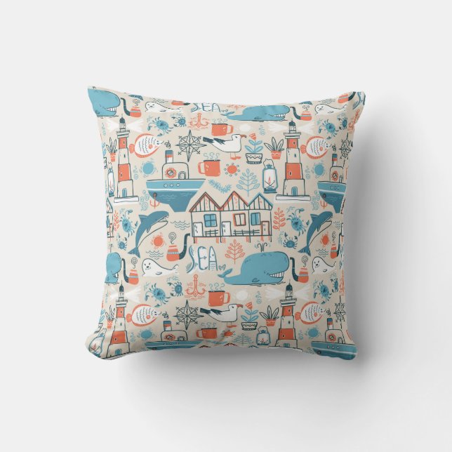 North Sea Cute Doodle Pattern Cushion (Front)
