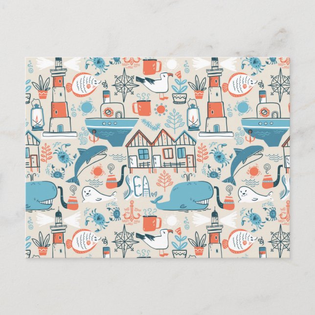 North Sea Cute Doodle Pattern Holiday Postcard (Front)