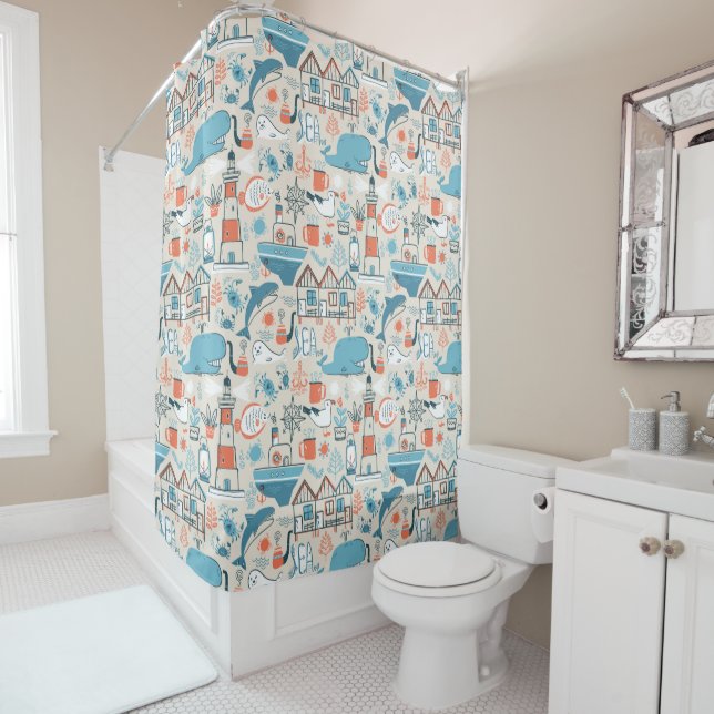 North Sea Cute Doodle Pattern Shower Curtain (In Situ)