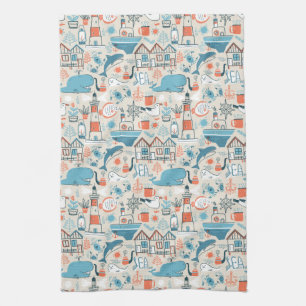 North Sea Cute Doodle Pattern Tea Towel