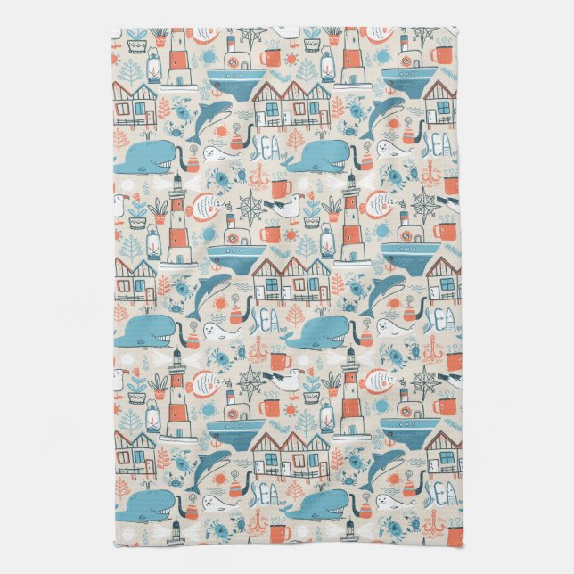 North Sea Cute Doodle Pattern Tea Towel (Vertical)